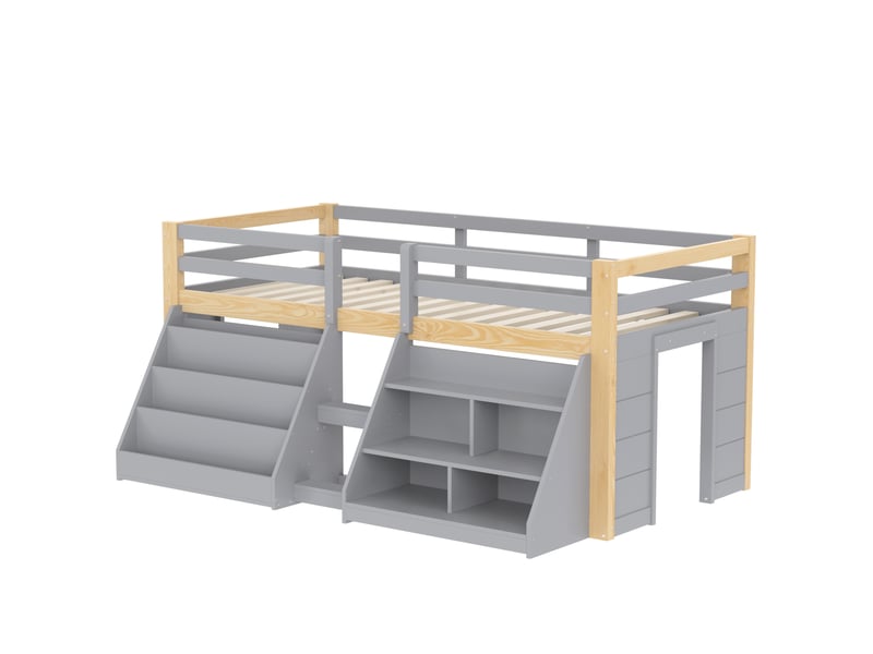 Lit mezzanine bas 90 × 200 cm, bois et mdf, led par application, rangements, échelle, sans matelas, gris et naturel - Conforama A