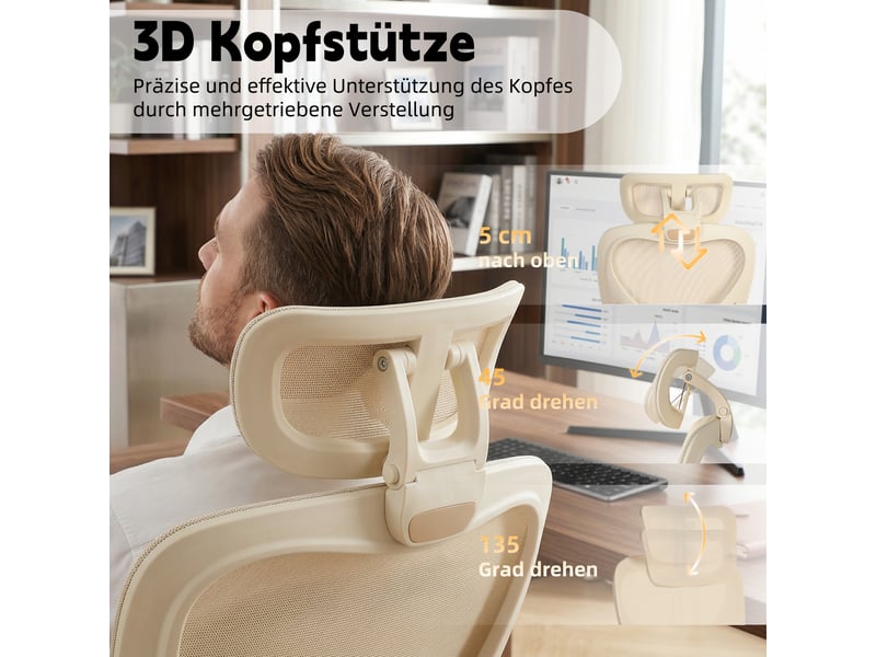  Chaise de bureau ergonomique pliable en maille, coloris crème  - Conforama D