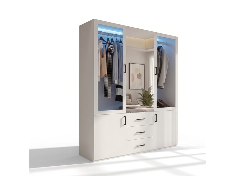  Armoire dressing avec miroir 130x52x182 cm, 2 portes en verre transparent et éclairage led intégré, 2 tringles pour vêtements, 3 tiroirs centraux sur rails, 2 portes inférieures, meuble de rangement pour chambre à coucher, garde…  - Conforama A