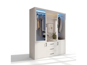 Armoire dressing avec miroir 130x52x182 cm, 2 portes en verre transparent et éclairage led intégré, 2 tringles pour vêtements, 3 tiroirs centraux sur rails, 2 portes inférieures, meuble de rangement pour chambre à coucher, garde-robe moderne, blanc