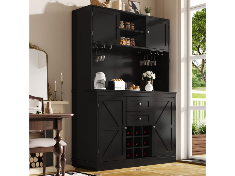  Buffet de cuisine haut noir 120x40x188 cm, meuble vaisselier 4 portes 2 tiroirs, rangement cuisine moderne  - Conforama B