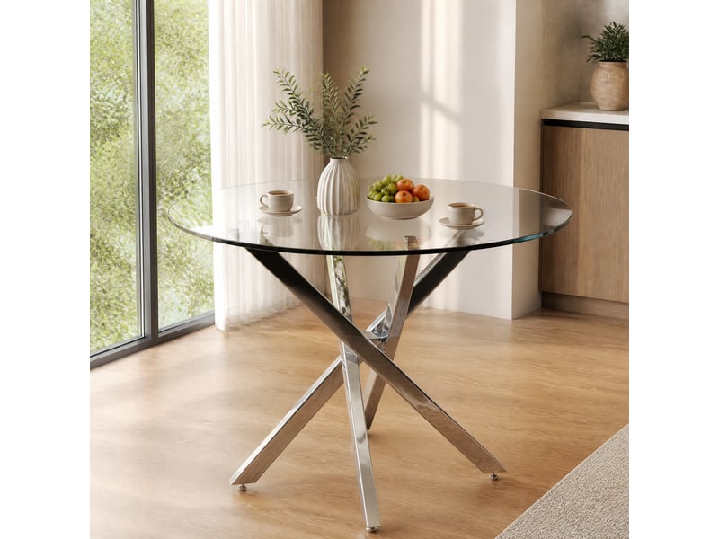  Table à manger ronde, ø80 cm, plateau en verre trempé, salle à manger, pratique, verre trempé et verre, coloris argenté  - Conforama B