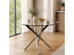 Table à manger ronde, ø80 cm, plateau en verre trempé, salle à manger, pratique, verre trempé et verre, coloris argenté
