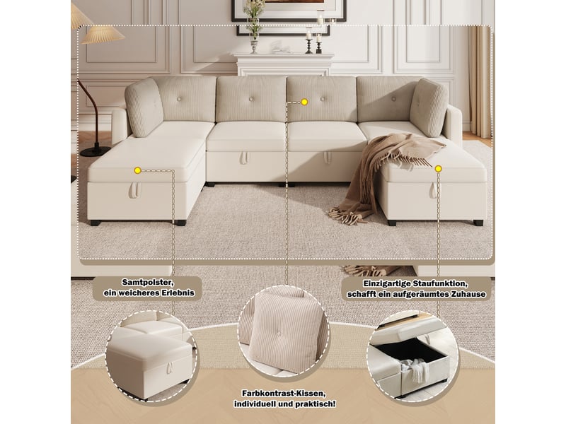  Canapé-lit, 261 × 132,5 × 85 cm, beige, velours côtelé, forme l, forme u, 6 modules, modules reconfigurables, ottoman mobile  - Conforama C
