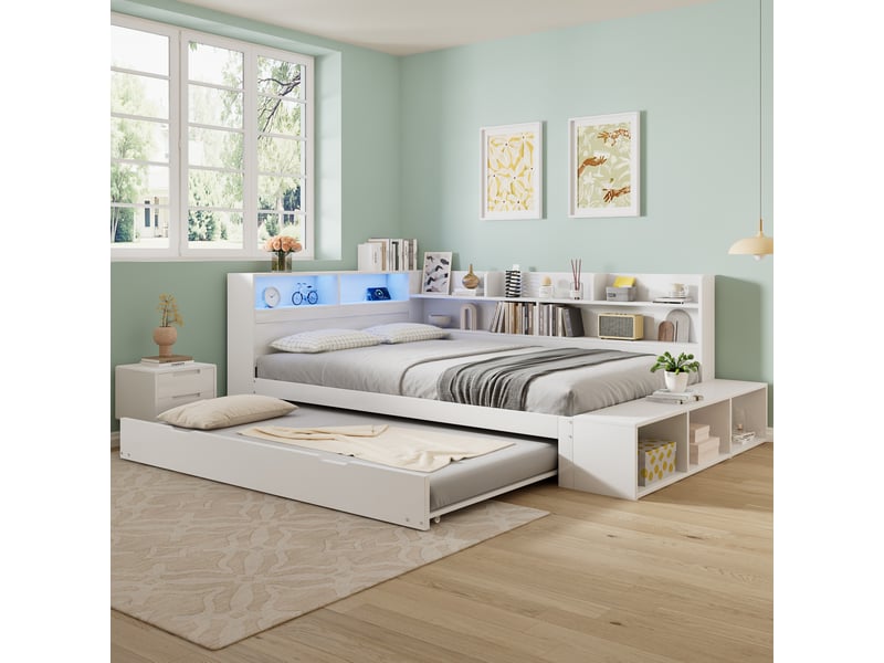  Lit gigogne 2 places 120 × 200 cm et 90 × 190 cm, led, port de charge, rangements, sans matelas, blanc  - Conforama D