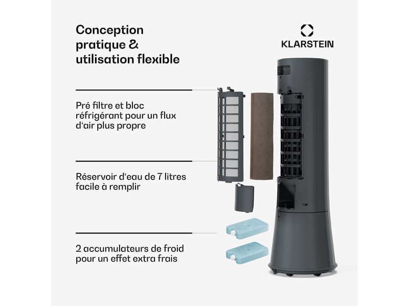 Klarstein frost rafraîchisseur d'air 200 m³h 7l 20 m² 2 packs de refroidissement 4 modes 45w noir  - Conforama E