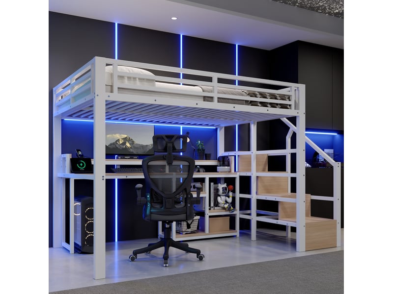 Lit mezzanine 140 × 200 cm avec bureau, escalier de rangement, étagères, led et prises usb pour chambre enfant blanc  - Conforama B