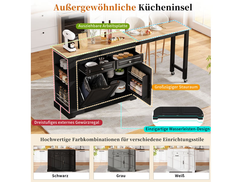  Desserte de cuisine mobile avec plateau extensible, 2 portes, 2 tiroirs et compartiment poubelle, noir et bois naturel  - Conforama E