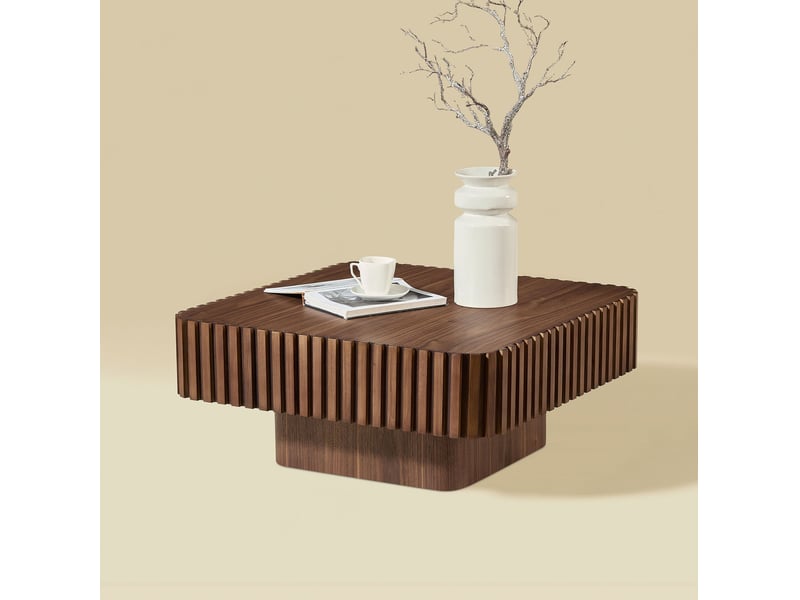  Table basse carrée avec cadre en bois massif et plateau en mdf plaqué noyer pour salon, 80 × 80 × 35 cm  - Conforama E