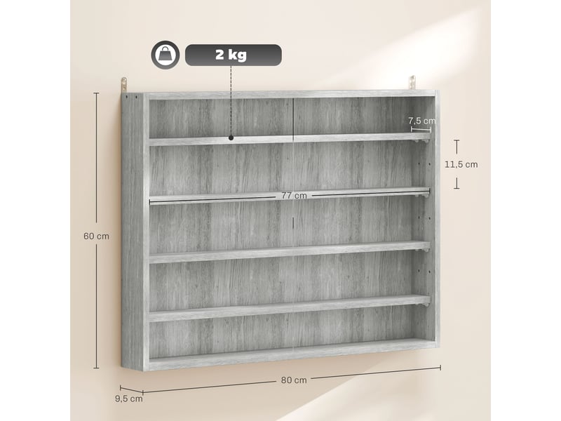  Vitrine murale pour objets de collection 4 étagère réglables en hauteur et 2 portes coulissantes 80 x 9,5 x 60 cm gris  - Conforama E