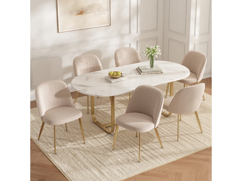  Lot de 6 chaises de salle à manger en velours beige, dossier semi-enveloppant ergonomique, pieds en métal doré, assise rembourrée, charge 150 kg  - Conforama B