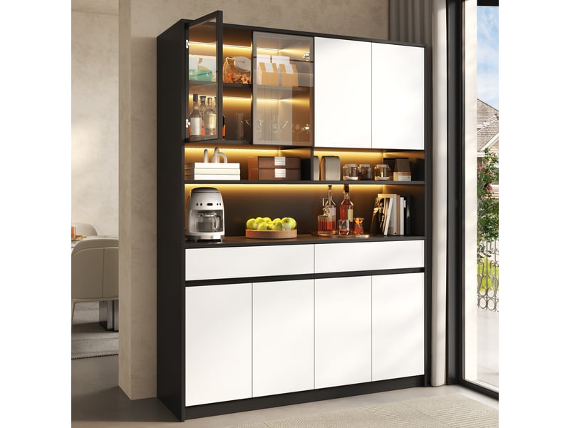  Buffet haut 8 portes 2 tiroirs avec led en mdf noir et blanc 120x38x160 cm GL52345W - Conforama E