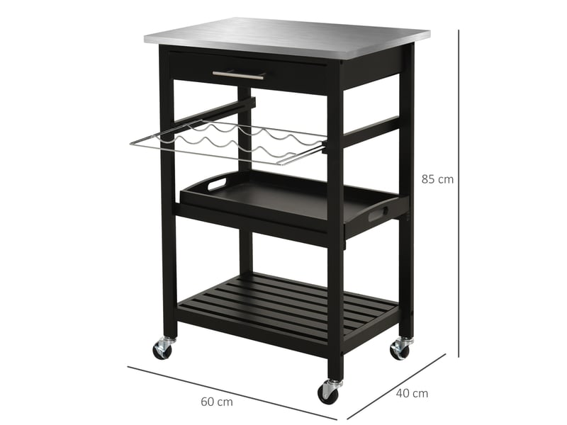  Chariot de service desserte de cuisine table roulantes avec étagère rangement bouteille 60l x 40l x 85h cm noir plateau en acier inox.  - Conforama C