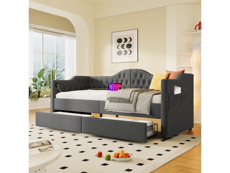  Lit jour avec rangement en lin gris 99x215 cm  - Conforama B