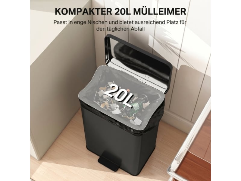 Poubelle à pédale 20 l noire mate, couvercle soft-close, bac intérieur amovible, 34,2x30,6x44,2 cm - Conforama E