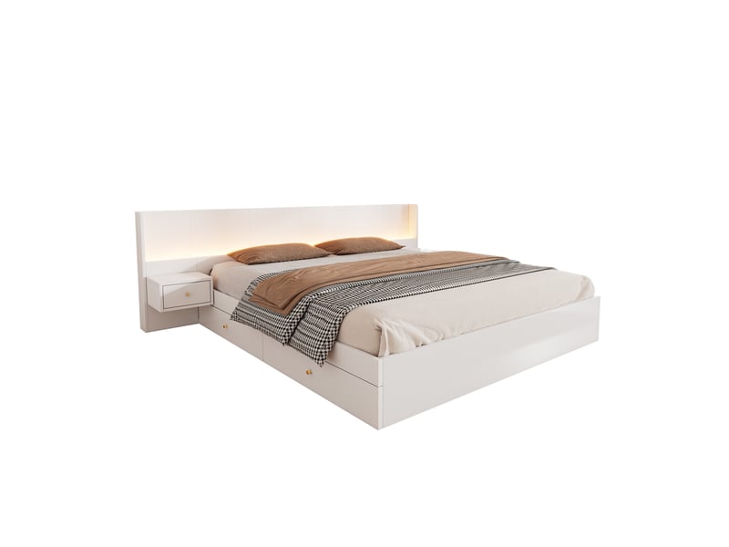  Lit double 180x200 cm avec 2 tiroirs sous le lit et 2 tables de chevet, led multicolore contrôlée par application, prises et usb, mdf blanc  - Conforama D