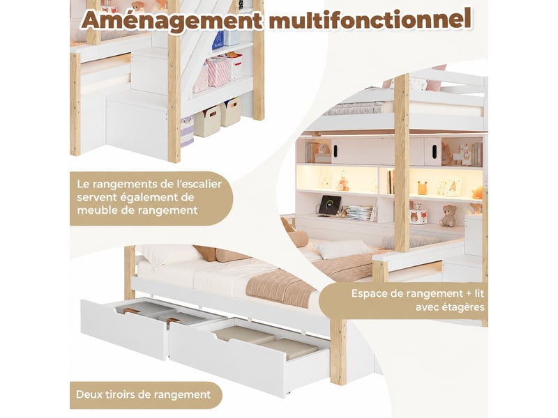 Lit superposé avec escalier de rangement, led, blanc et bois naturel, 2 x 90 x 200 cm - Conforama D