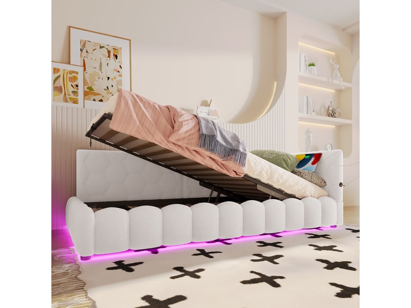  Canapé-lit 90 × 200 cm, rangement hydraulique, bande lumineuse led, port usb type-c, revêtement imitation feutre, blanc  - Conforama E
