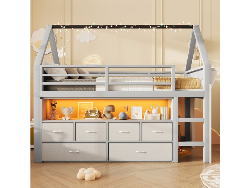  Lit mezzanine enfant 90x200 cm avec led et 6 tiroirs en tissu gris  - Conforama D