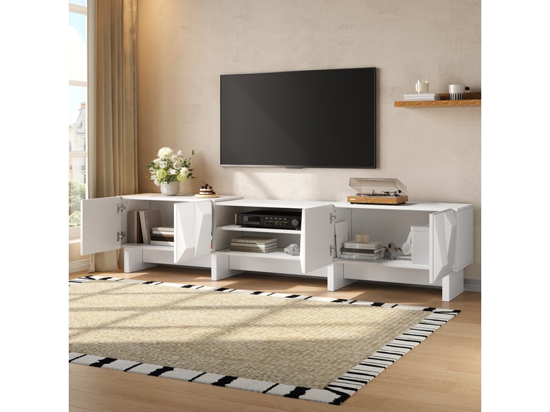  Meuble tv 180x34x44,5 cm - meuble bas en panneau de particules avec façade en relief, 4 portes, niches ouvertes et passe-câbles  - Conforama B