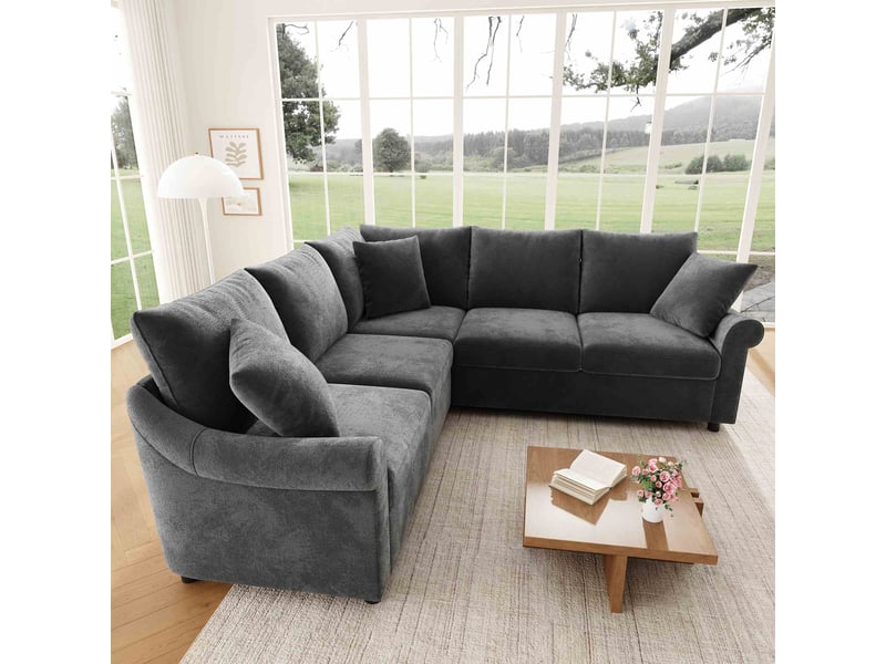 Canapé d'angle l 5 places 217x217x83 cm en tissu chenille, canapé d'angle moderne pour salon avec assises confortables - gris  - Conforama D