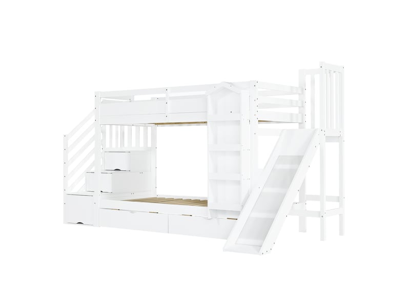  Lit cabane enfant blanc 90x200 cm avec rangements pour livres, 2 tiroirs, toboggan et coffre escalier  - Conforama A