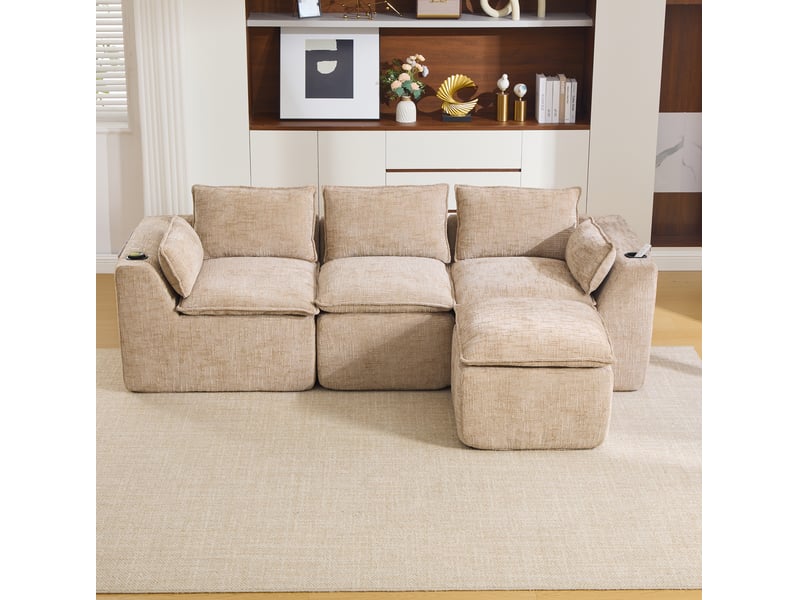  Canapé modulable 3 places modenvie avec pouf, coussins et porte-gobelet, tissu chenille taupe, 256 x 161 x 75 cm  - Conforama D