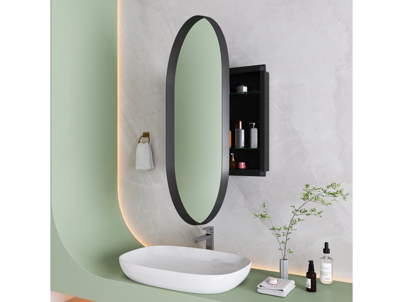  Armoire miroir murale ovale noire, cadre métal, étagères réglables, encastrable  - Conforama B