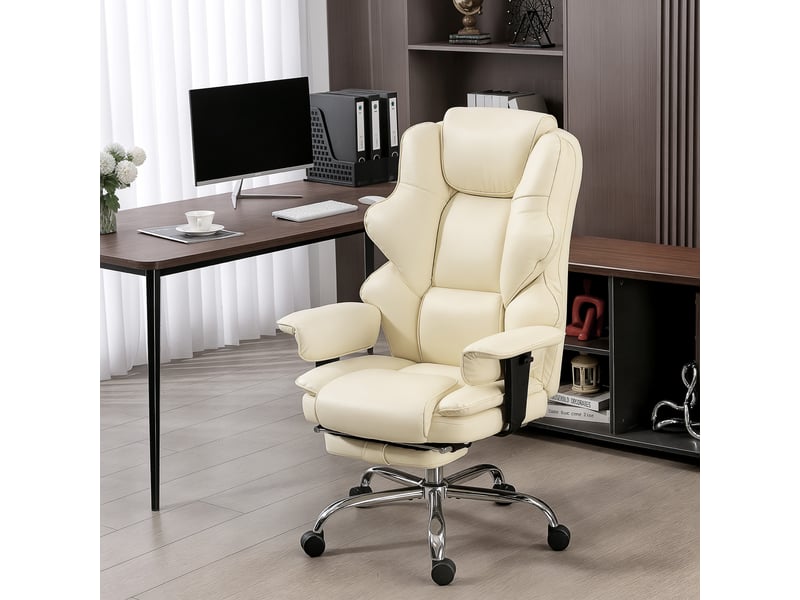  Chaise de bureau avec repose-pieds et appuie-tête intégré, similicuir, inclinable, crème  - Conforama D