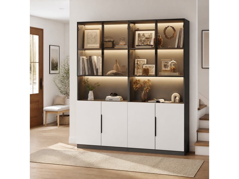  Vitrine blanche et noire avec portes en verre, led réglables et rangement – 160 x 30 x 200 cm  - Conforama B