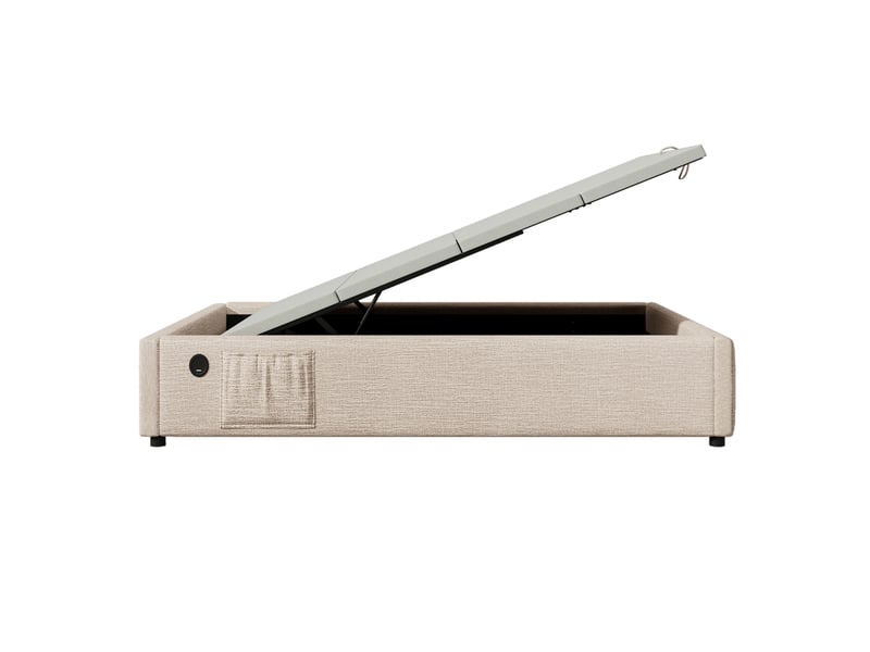 Lit coffre 90x200 cm avec poches latérales et charge, lin, beige et naturel, sans matelas - Conforama D