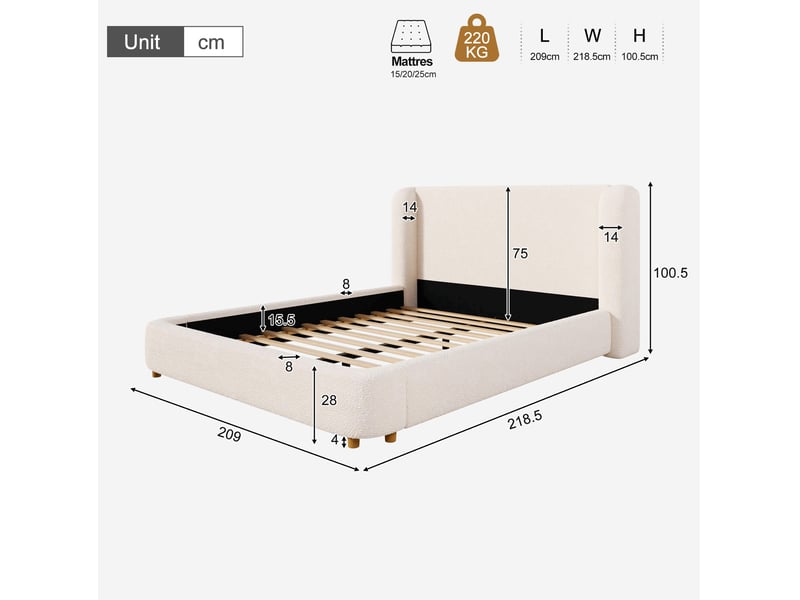  Lit double 180 × 200 cm avec sommier à lattes et tête de lit rembourrée en bouclé beige 218,5 × 209 × 100,5 cm  - Conforama C