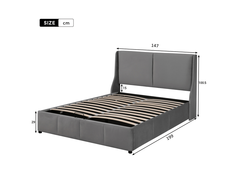  Lit 140x190 cm gris capitonné – tête coussin, rangement hydraulique intégré  - Conforama C