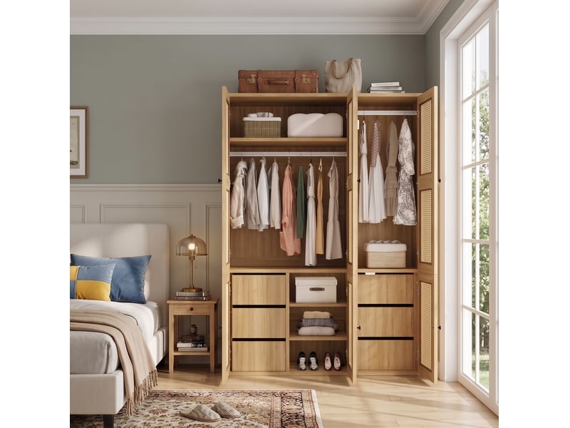  Armoire battante 135x47x200 cm avec 2 barres de penderie, 6 tiroirs, 4 compartiments, mdf, bois, dressing | chambre  - Conforama E