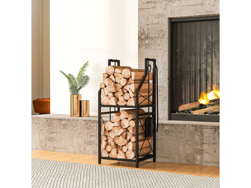  Porte-bûches métallique deux niveaux avec 4 outils, noir, 34 x 30 x 80 cm, charge 60 kg  - Conforama C
