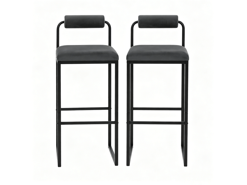  Tabouret de bar avec dossier et repose-pieds, assise en velours, style moderne pour cuisine, gris foncé  - Conforama A