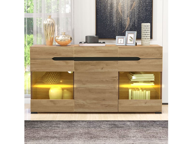 Buffet bas 140x35x80 cm 3 portes 3 tiroirs led coloris chêne clair - Conforama B