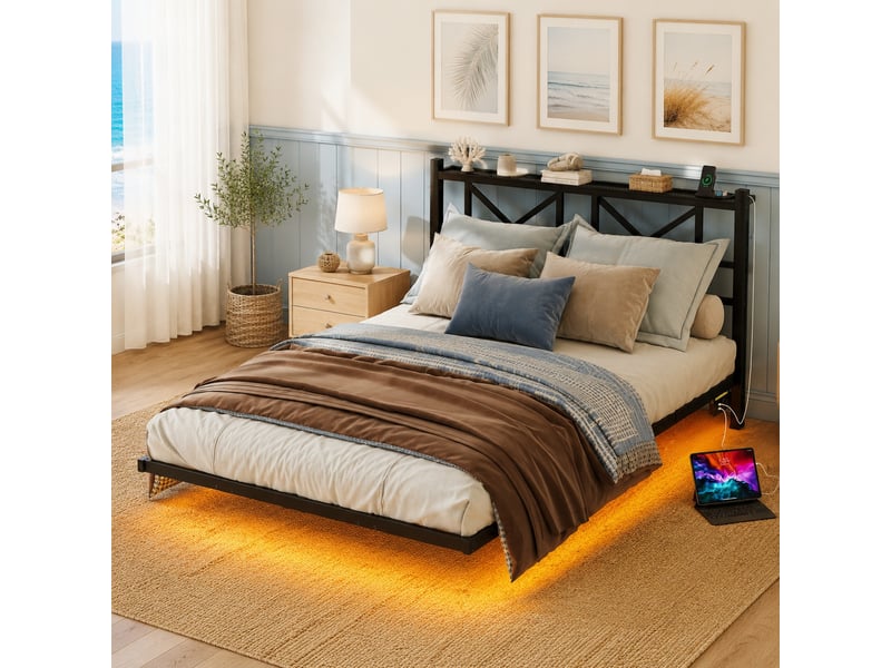  Lit double 140×200 cm avec tête de lit, led, étagère et ports usb - okmyhome- métal noir, sans matelas  - Conforama C