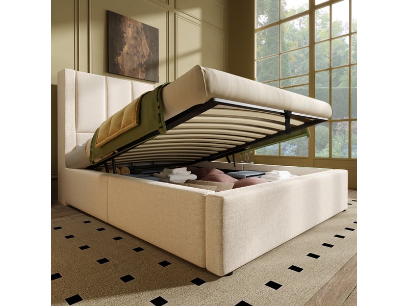  Lit coffre 90x200 cm avec port usb et porte-gobelet, sommier inclus, beige  - Conforama D