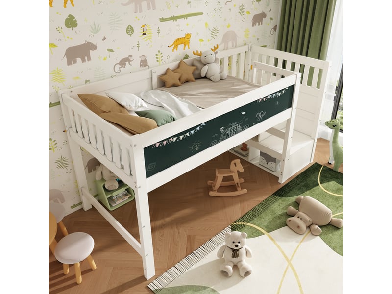 Lit mezzanine enfant 90x200 cm avec rangements et tableau, blanc - Conforama B