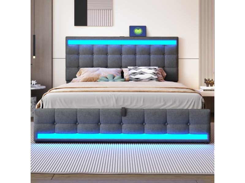 Lit tapissier 180x200 cm avec rangement hydraulique - pour enfant, usb, led couleur changeante, gris lin - Conforama B