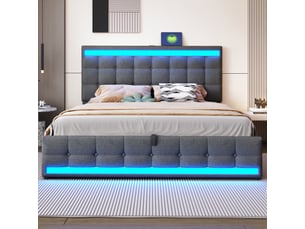 Lit tapissier 180x200 cm avec rangement hydraulique - pour enfant, usb, led couleur changeante, gris lin