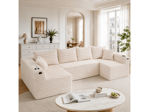 Canapé forme en u revêtement en cord porte-gobelets intégrés poches latérales rembourrage à ressorts 4 coussins de dossier 2 coussins décoratifs forme ergonomique confort d’assise prolongé