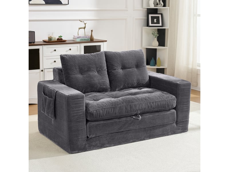 Canapé convertible 2 places, canapé-lit d’appoint 2-en-1, 140x84x67 cm, accoudoirs larges, poches latérales, gain de place, velours côtelé gris foncé - Conforama B