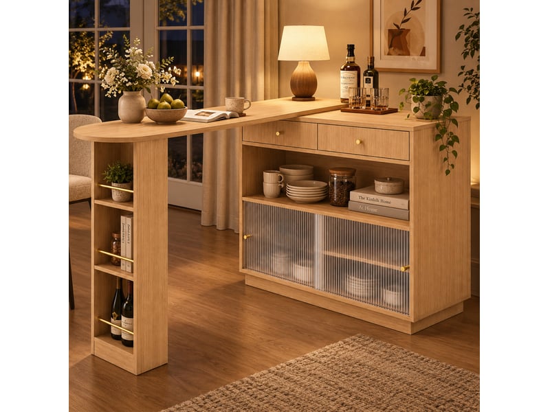 Îlot bar extensible 183x30x100 cm, led, rotation 360°, rangement spacieux, panneaux de particules, couleur chêne  - Conforama D