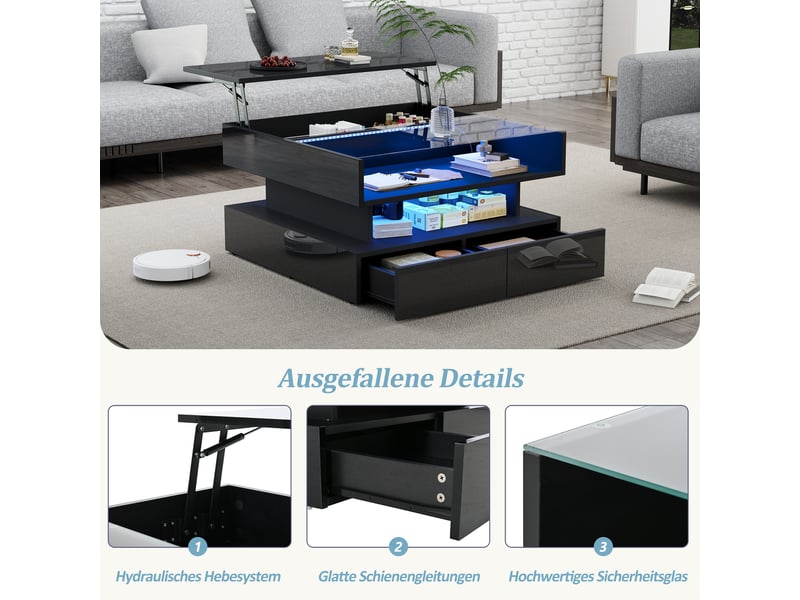 Table basse relevable 80 x 80 x 45 cm avec rangement caché, 2 tiroirs, éclairage LED, verre trempé, noir - Conforama W