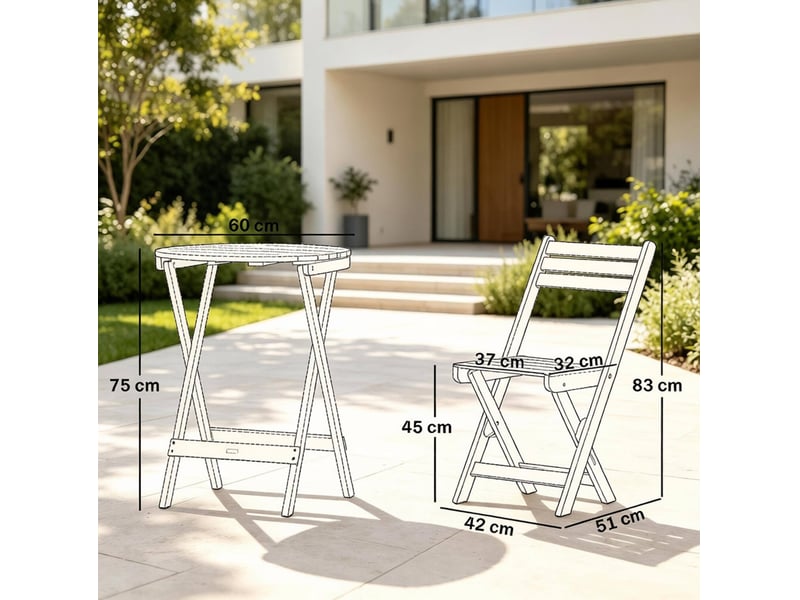  Salon de jardin pliant 2 places en bois naturel, table ronde 60 cm et 2 chaises, idéal pour extérieur  - Conforama C