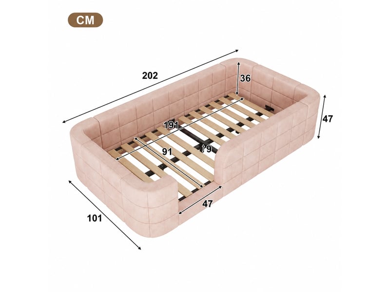  Lit enfant rose 90 x 190 cm en chenille, barrières rembourrées et sommier inclus  - Conforama C