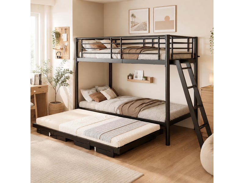 Lit superposé en métal 90 x 200 cm - avec lit gigogne - avec échelle de sécurité - avec barrières de sécurité - noir (matelas non inclus) - Conforama D