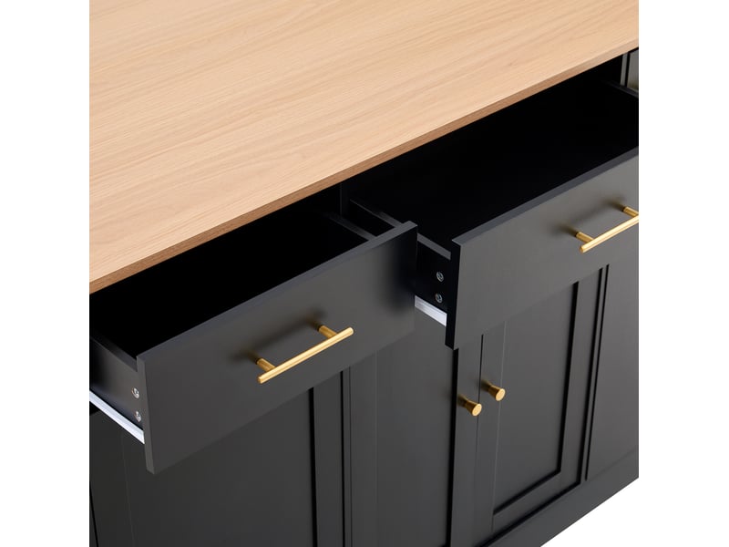  Îlot central cuisine 120x70x91,5 cm, plateau rabattable, 3 tiroirs, rangement, panneau de particules, noir et naturel  - Conforama E